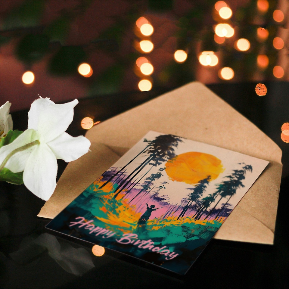 image 1 of Birthday Card Forest Sunrise Joy Abstract Landscape Painting