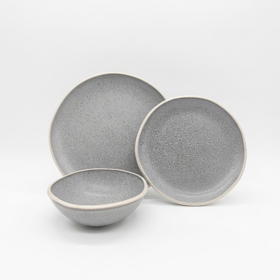 image 1 of Reactive Grey Glaze Dinner Set Nordic Pebble Plates & Bowls 6pc Set