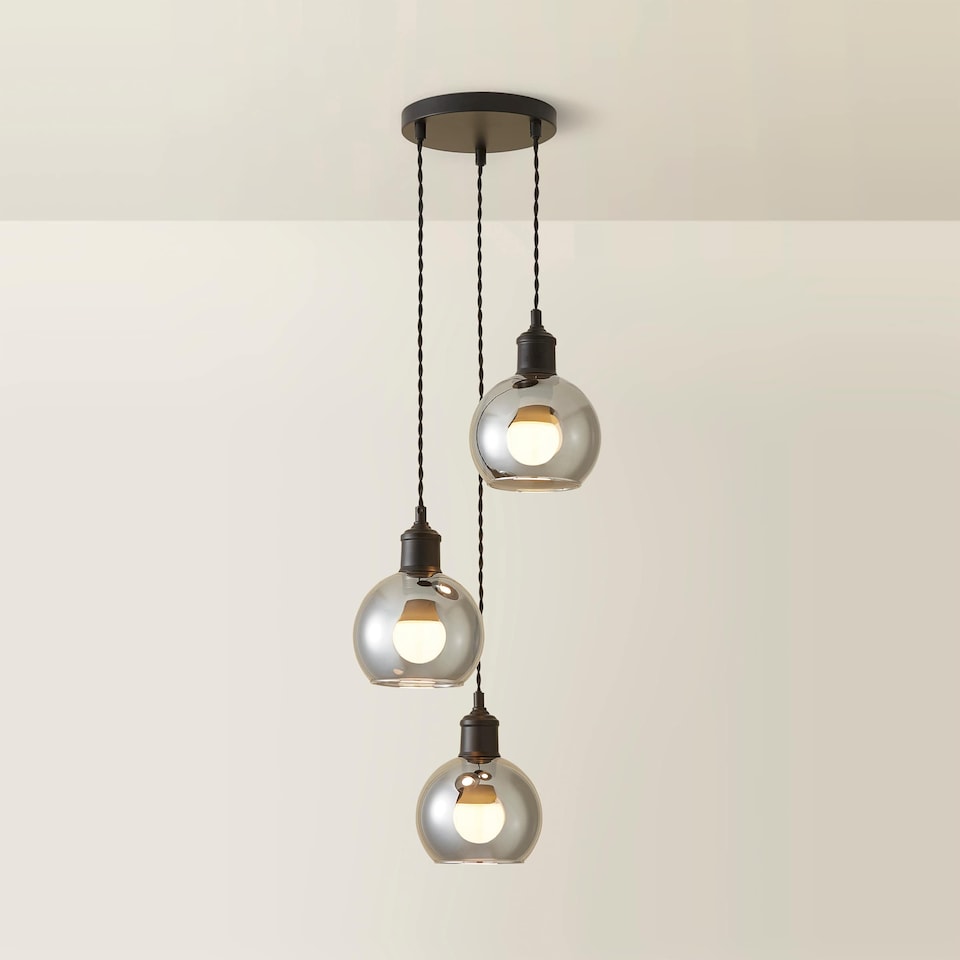 image 1 of ValueLights Bellamy Smoked Glass 3 Drop Cluster Black Pendant Light & Bulbs | Black