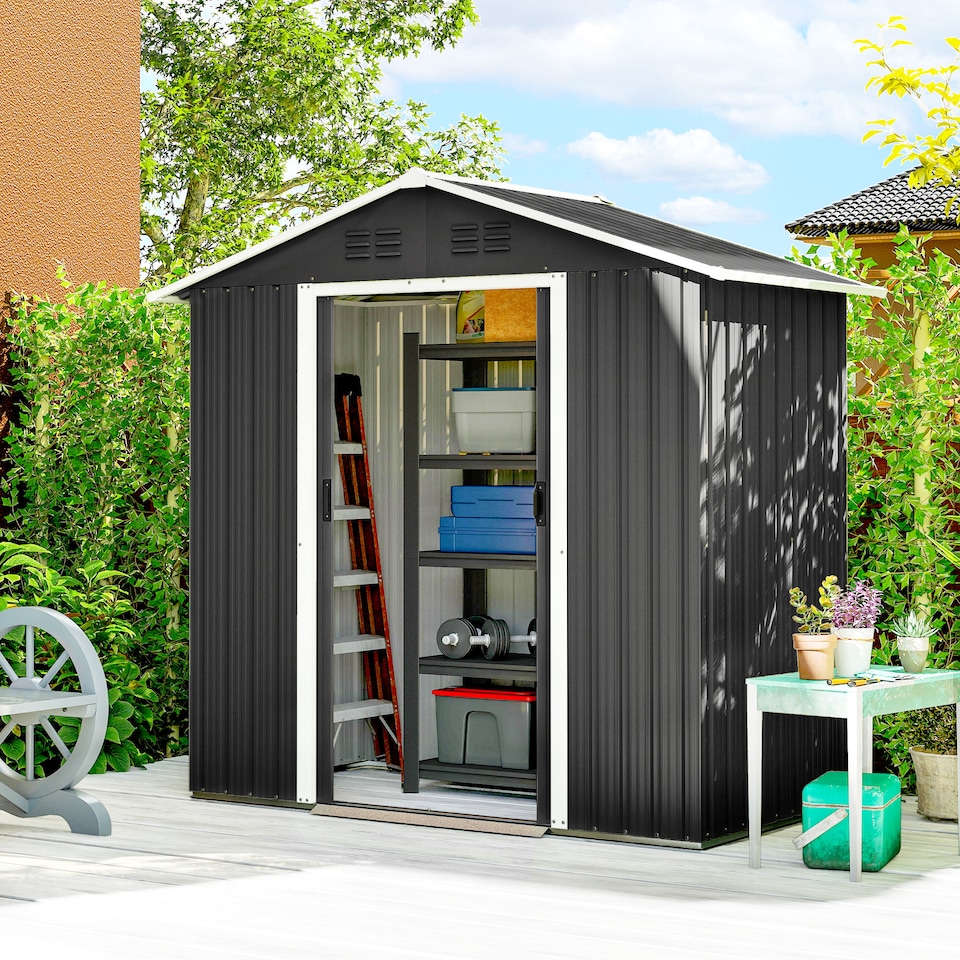 image 1 of Outsunny 6.5x3.5ft Metal Garden Shed for Garden, Dark Grey | Grey | Dark Grey | 191H x 194L x 107D cm