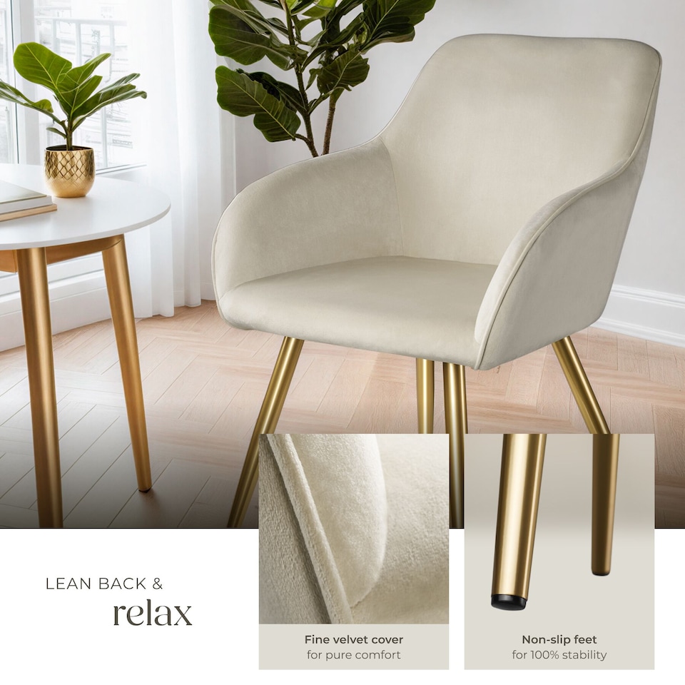 image 1 of Chair Marilyn with Velvet Cover, Gold Steel Legs and Plush Padding | Cream | cream/gold | One Size | 2