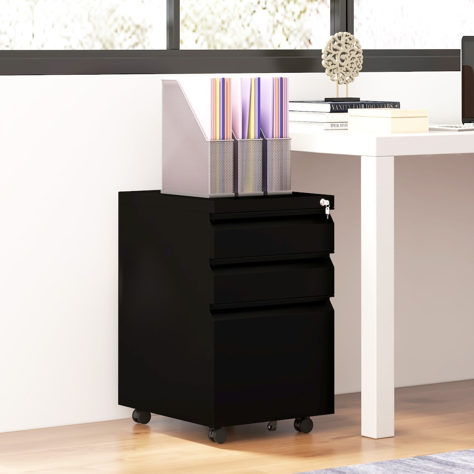 image 1 of Vinsetto 3-Drawer Filing Cabinet with Lock, Mobile Steel File Cabinet for A4, Legal and Letter Size, Under Desk Drawers with Pre-Assembled Body for Home Office, 37 x 43.5 x 60 cm, Black