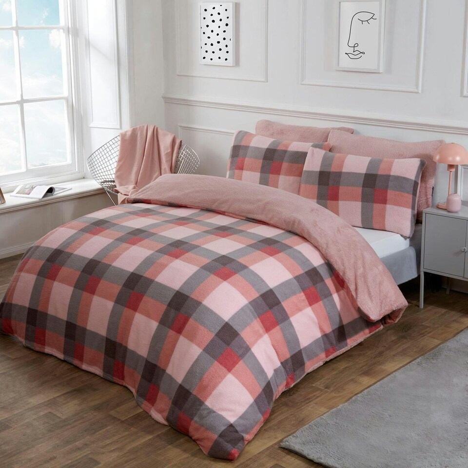 image 1 of OHS Check Print Teddy Fleece Duver Cover and Pillowcase Set, Super King - Blush Pink