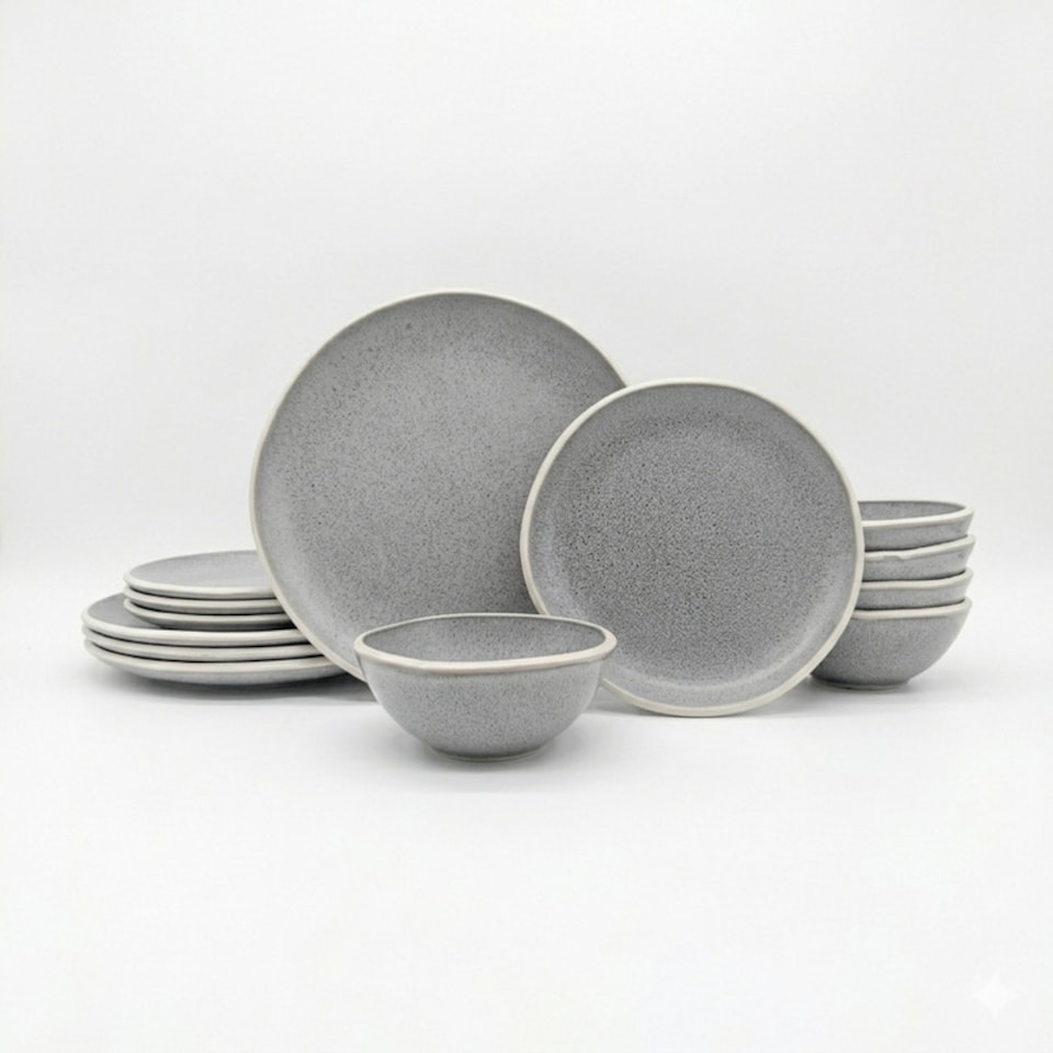 image 1 of Reactive Grey Glaze Dinner Set Nordic Pebble Plates & Bowls 18pc Set