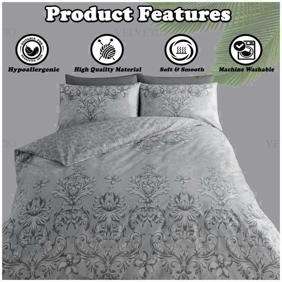 image 1 of VELVETIO Antoinette Printed Duvet Cover Set Reversible Polycotton Beddings Grey | Single