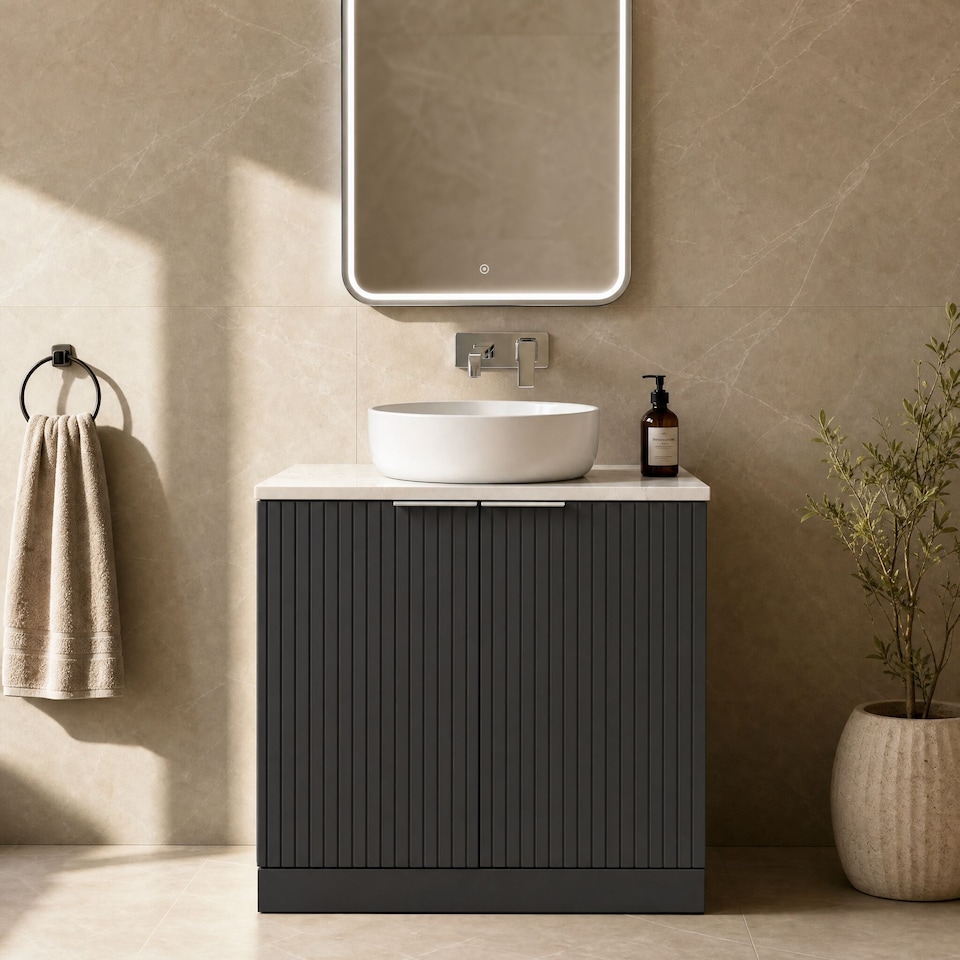 image 1 of Balterley Callingwood Contemporary Floor Standing 2 Door Vanity Unit with Marble Plaster Laminate Worktop , 800mm, Dark Grey