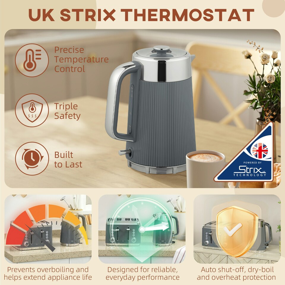 image 1 of HOMCOM 1.7L 3000W Rapid Boil Kettle and 4 Slice Toaster Set Crumb Tray Grey