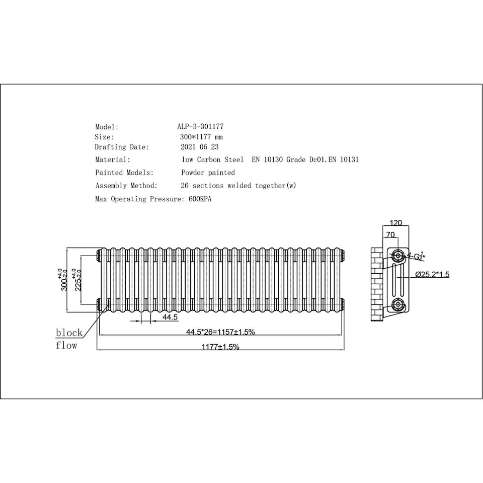 image 1 of Alpha - White Column Radiator H300mm x W1177mm 3 Column - Feet Included