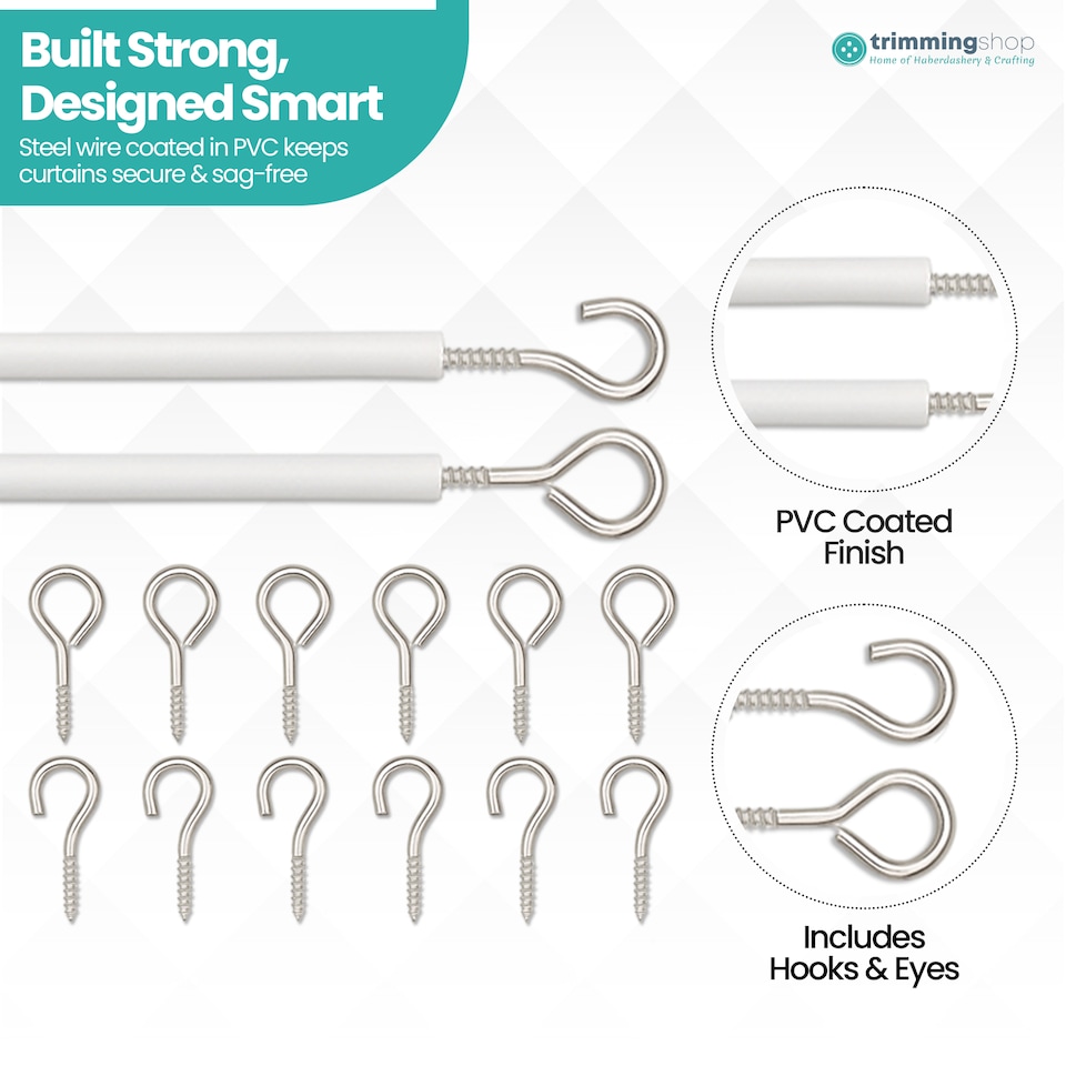 image 1 of White Net Curtain Wire & Hook Set, 2m Curtain Cord with 6 Hooks & 6 Eyes