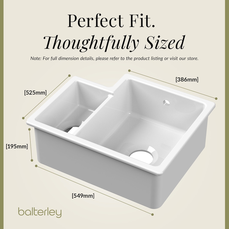 image 1 of Balterley Fireclay 1.5 Bowl Right Hand Undermount Kitchen Sink & Overflow | White | White | 1