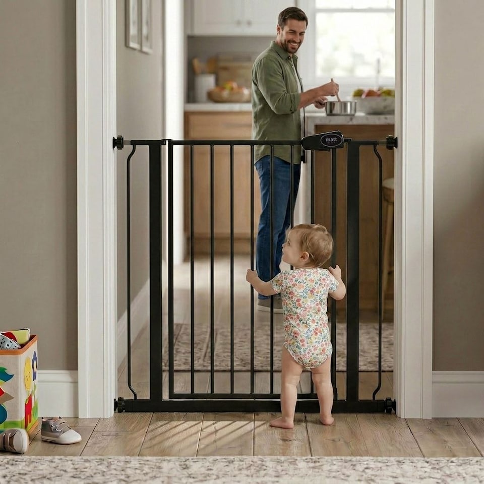 image 1 of Bettacare Child and Pet Gate Narrow, 68.5cm - 75cm, Matt Black, Extra Tall Gate 104cm in Height, Narrow Pressure Fit Stair Gate