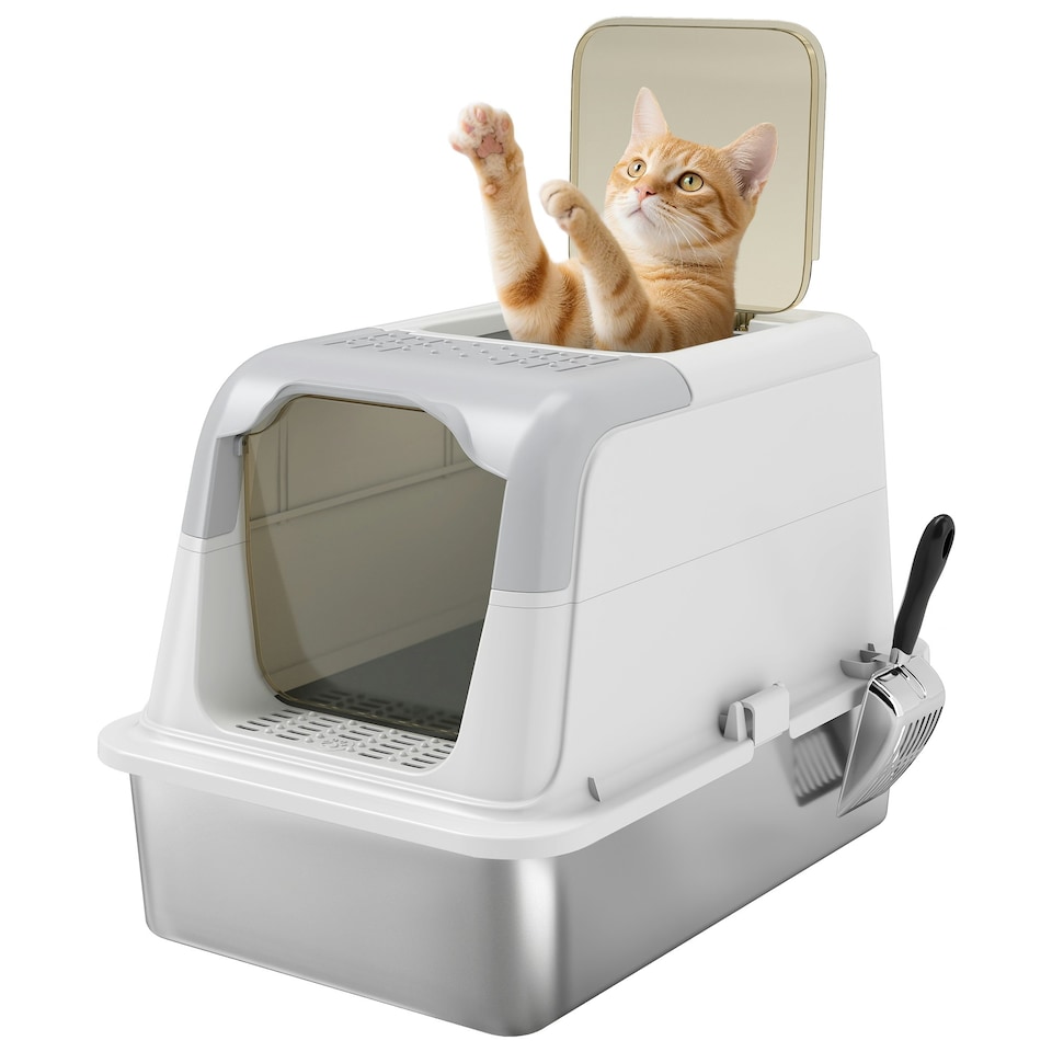 image 1 of PawHut Stainless Steel Litter Box, Enclosed Metal Litter Tray with Scoop White | One Size