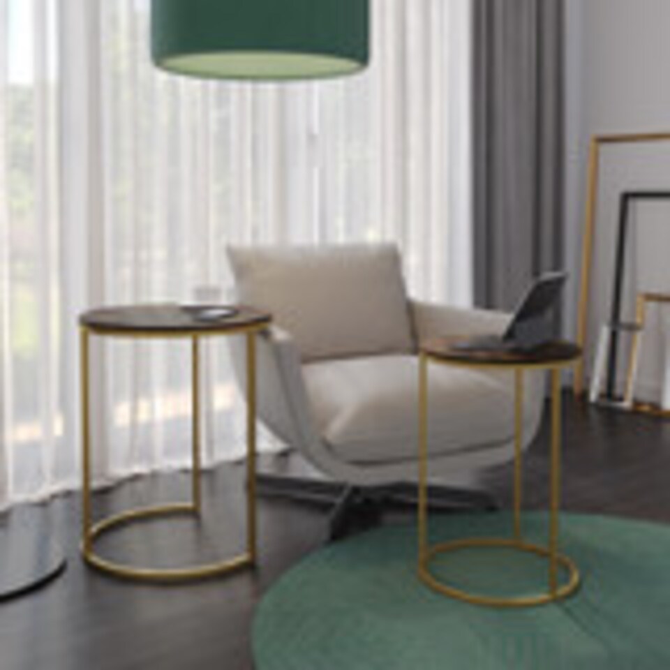 image 1 of 2Pc Round Nesting Stackable Sofa Side Bedside End Table Set Wood Top Metal Legs | Multi | Rustic Brown Top with Gold Legs