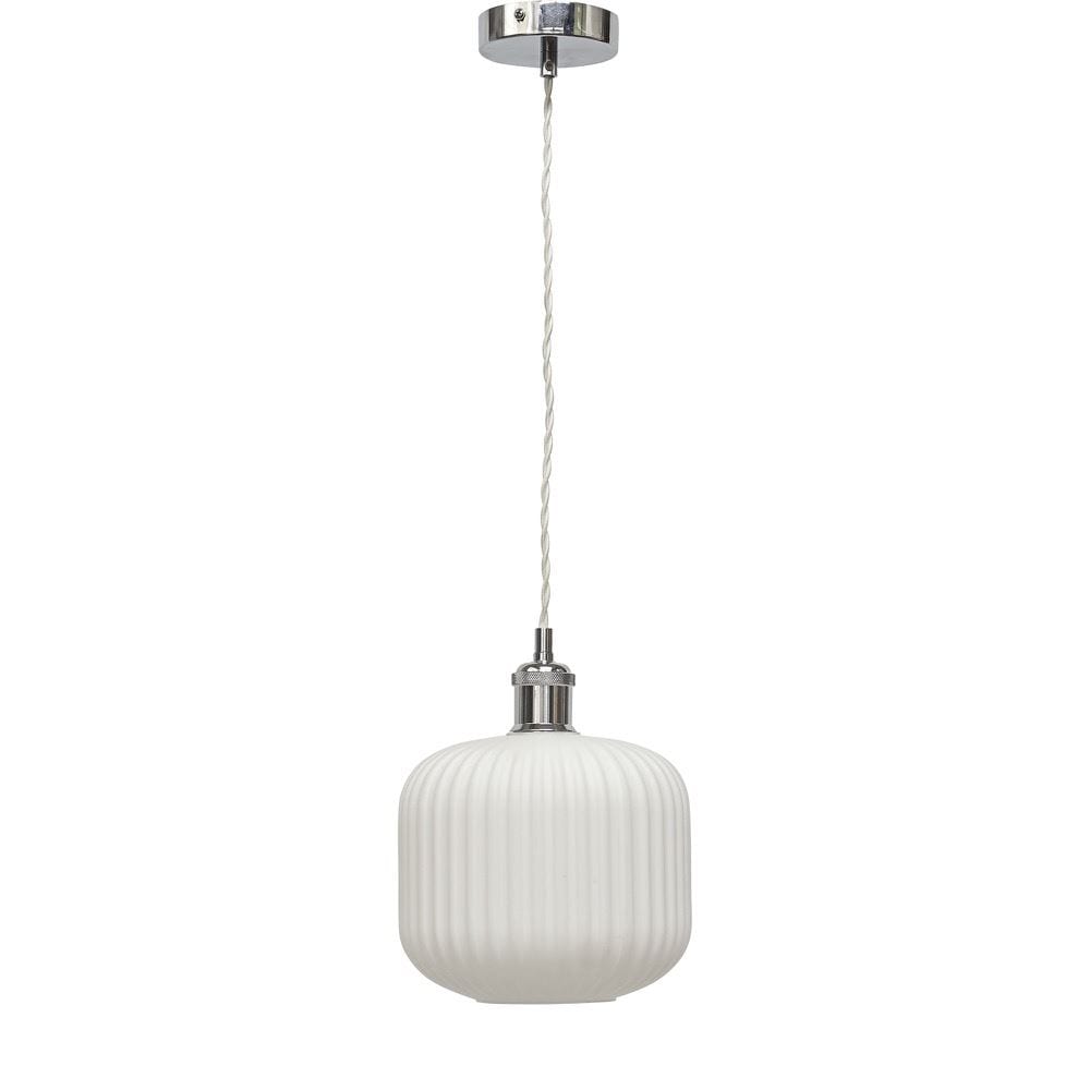 First Choice Lighting Bento - White Ribbed Glass Chrome Retro Pendant Fitting