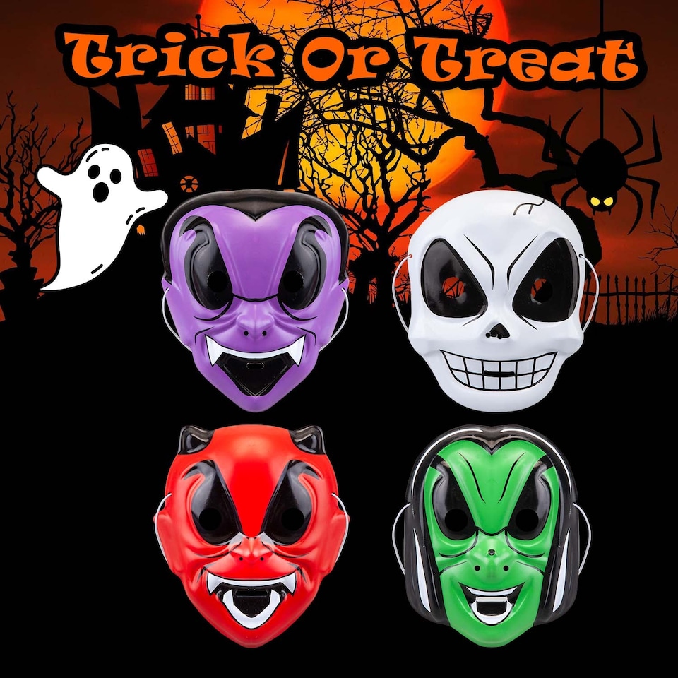 image 1 of PMS Halloween Children’s Masks 4-Pack - Witch, Devil, Skull, Vampire.