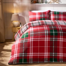 OHS Traditional Christmas Check Brushed Cotton Duvet Cover Set | Red | Double