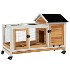 PawHut Rabbit Hutch, Guinea Pig Cage with Wheels, Outdoor/Indoor, Yellow