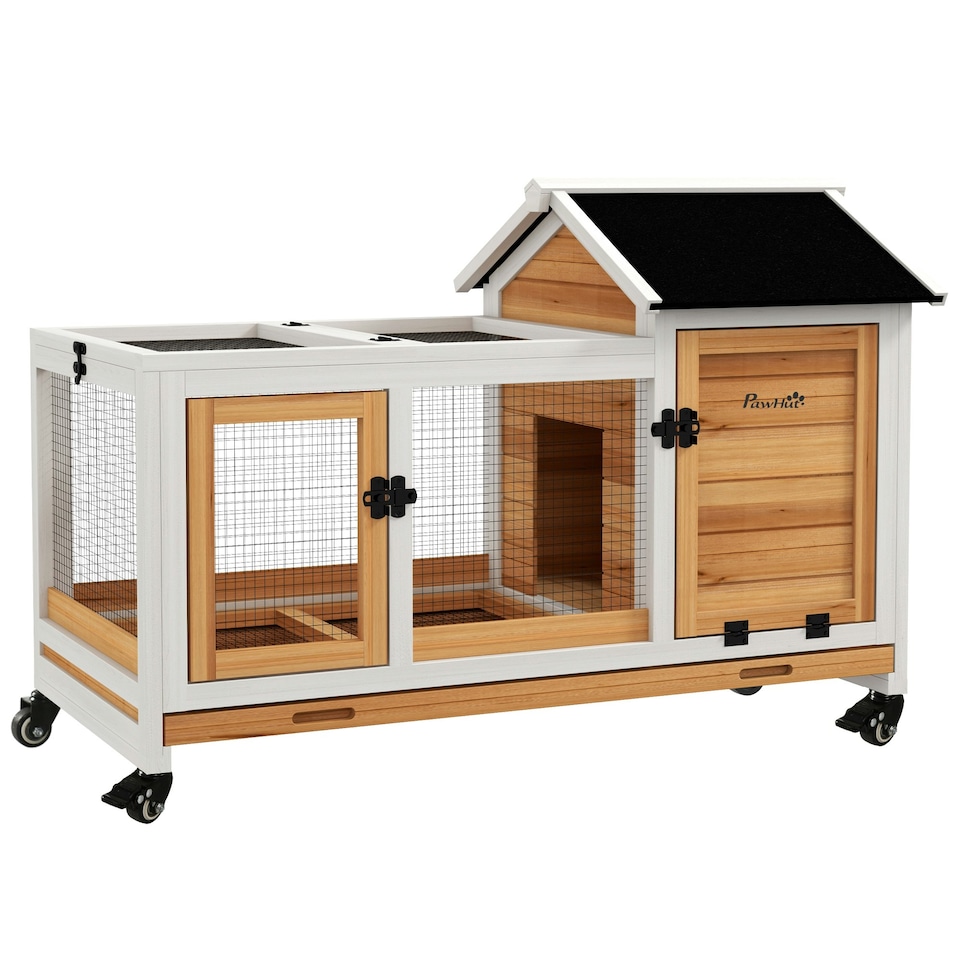 image 1 of PawHut Rabbit Hutch, Guinea Pig Cage with Wheels, Outdoor/Indoor, Yellow