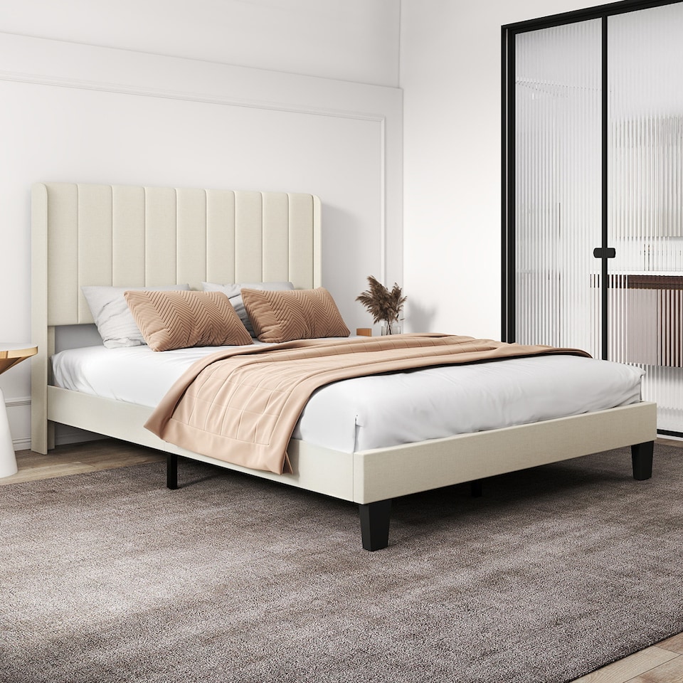 image 1 of Levede Double Bed Frame Metal and Wood Plush Upholstered Mattress Base