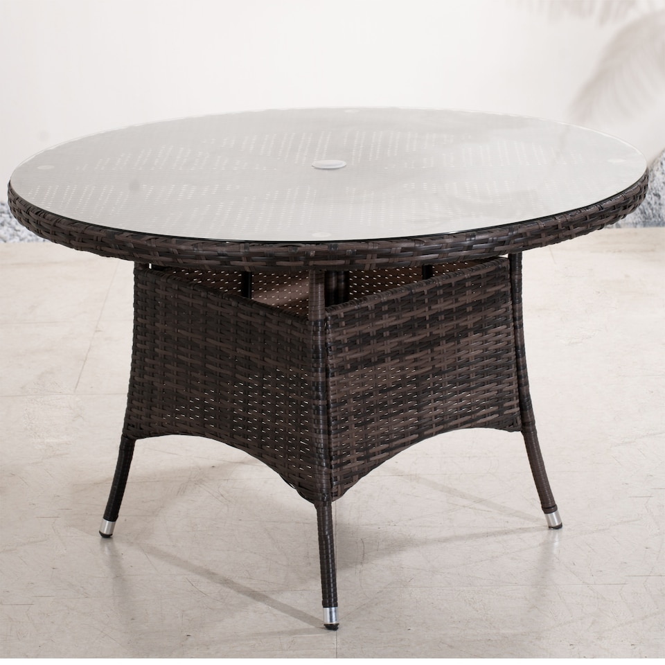 image 1 of Direct Wicker Outdoor 4 Person Rattan Round Dining Table, Aluminum Frame with Tempered Glass Top, Umbrella Hole | Brown