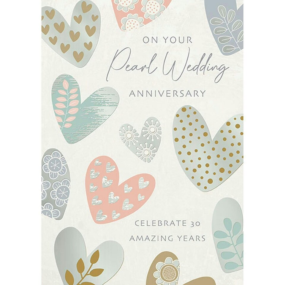 Words 'n' Wishes 30th Pearl Wedding Anniversary Card, Hearts Design, Gold Foil Finish, UK Made