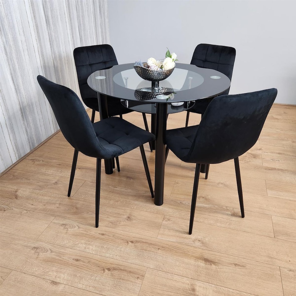 image 1 of Round Black Glass Dining Table Set with 4 Black Velvet Chairs Modern Dining Room Furniture