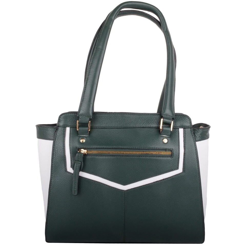 image 1 of London Leathergoods Womens Premium Large Leather Handbag Shoulder Bag with Contrasting Colours | Green | Green/White