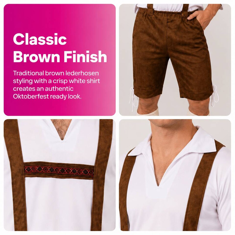 image 1 of Mens Oktoberfest Bavarian Costume Brown Lederhosen Beer Festival German Fancy Dress Outfit