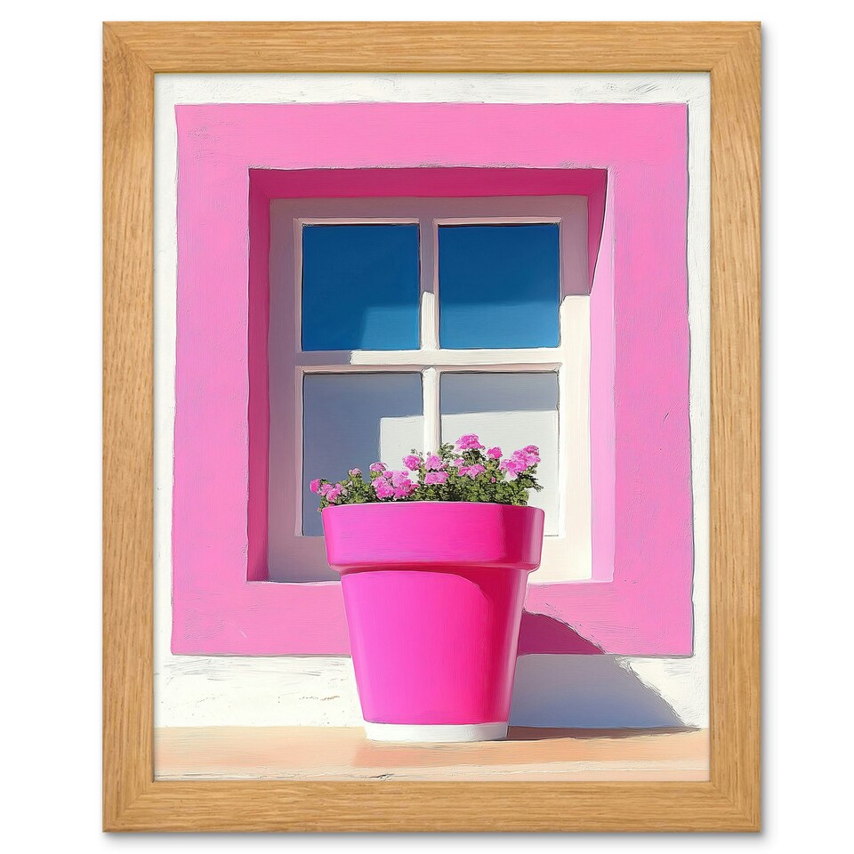image 1 of Pink Geranium Flower Pot Sunny Window Wood Framed Wall Art Print