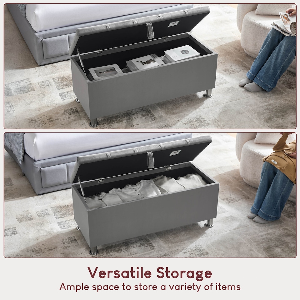 image 1 of Vida Designs Valencia Storage Ottoman Bedroom Hallway Chest Bench, Light Grey Velvet | Grey | Grey