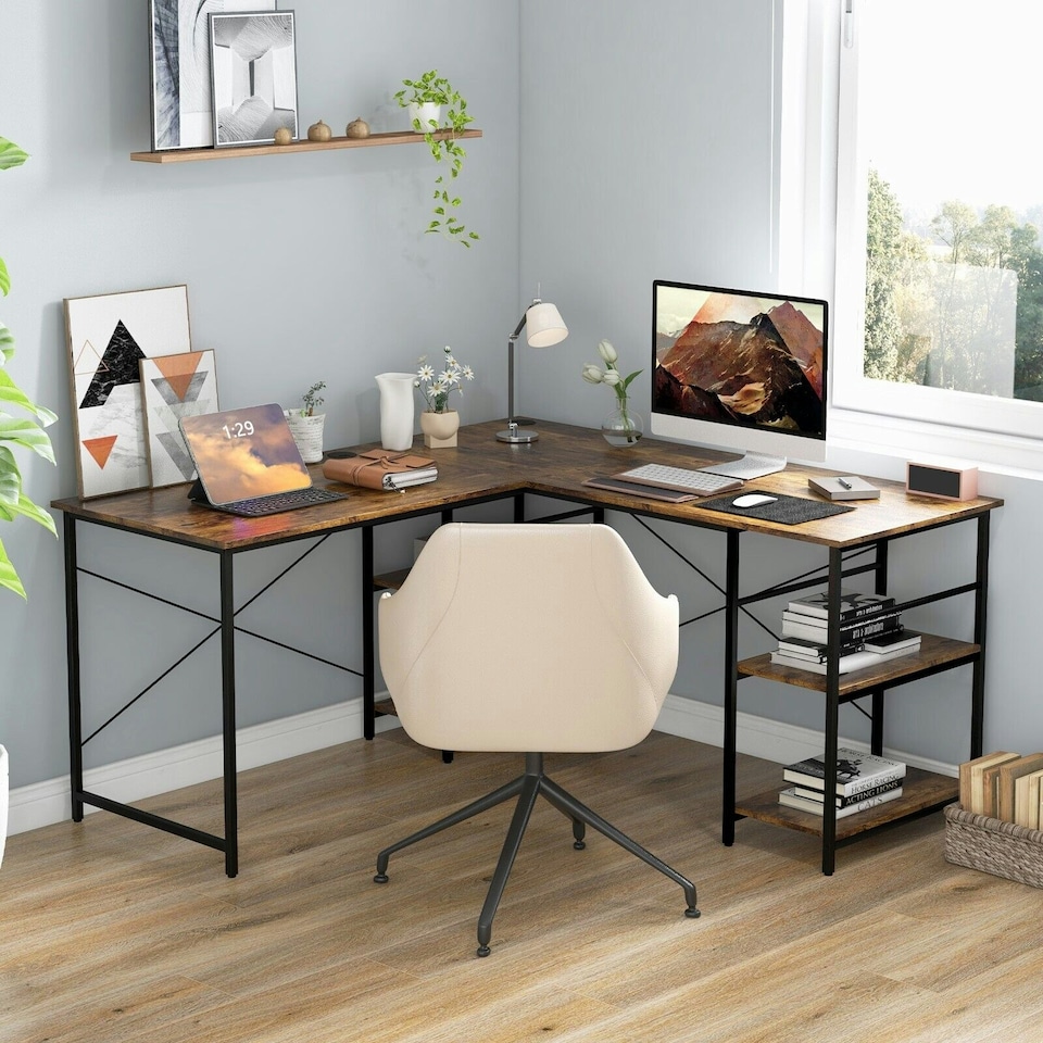 image 1 of COSTWAY L-Shaped Computer Desk Writing Desk Workstation Brown Brown