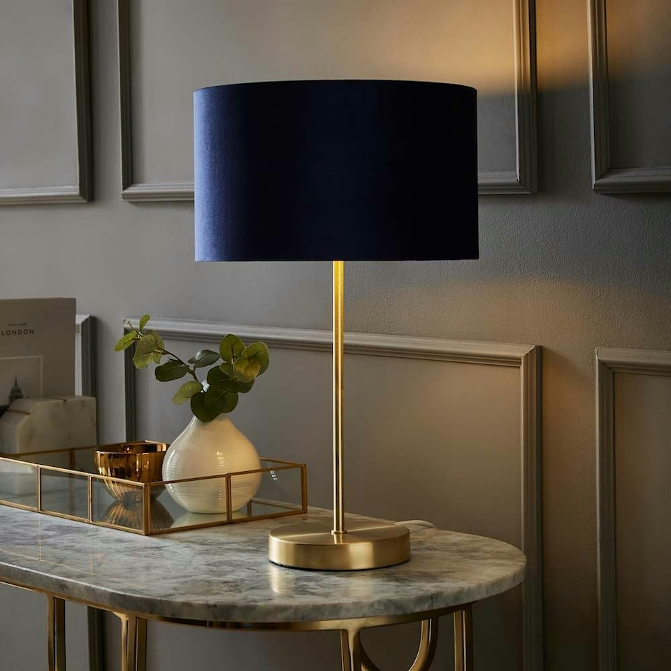 image 1 of ValueLights Charlie Gold Table Lamp Navy Velvet Gold Inner Shade Blue
