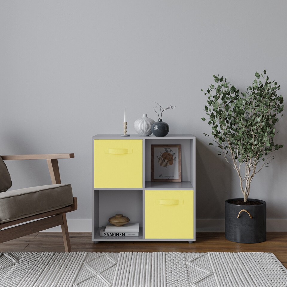 image 1 of 4-Cube Shelving Unit With Non Woven Inserts - Square | Grey | Grey & Yellow | 1