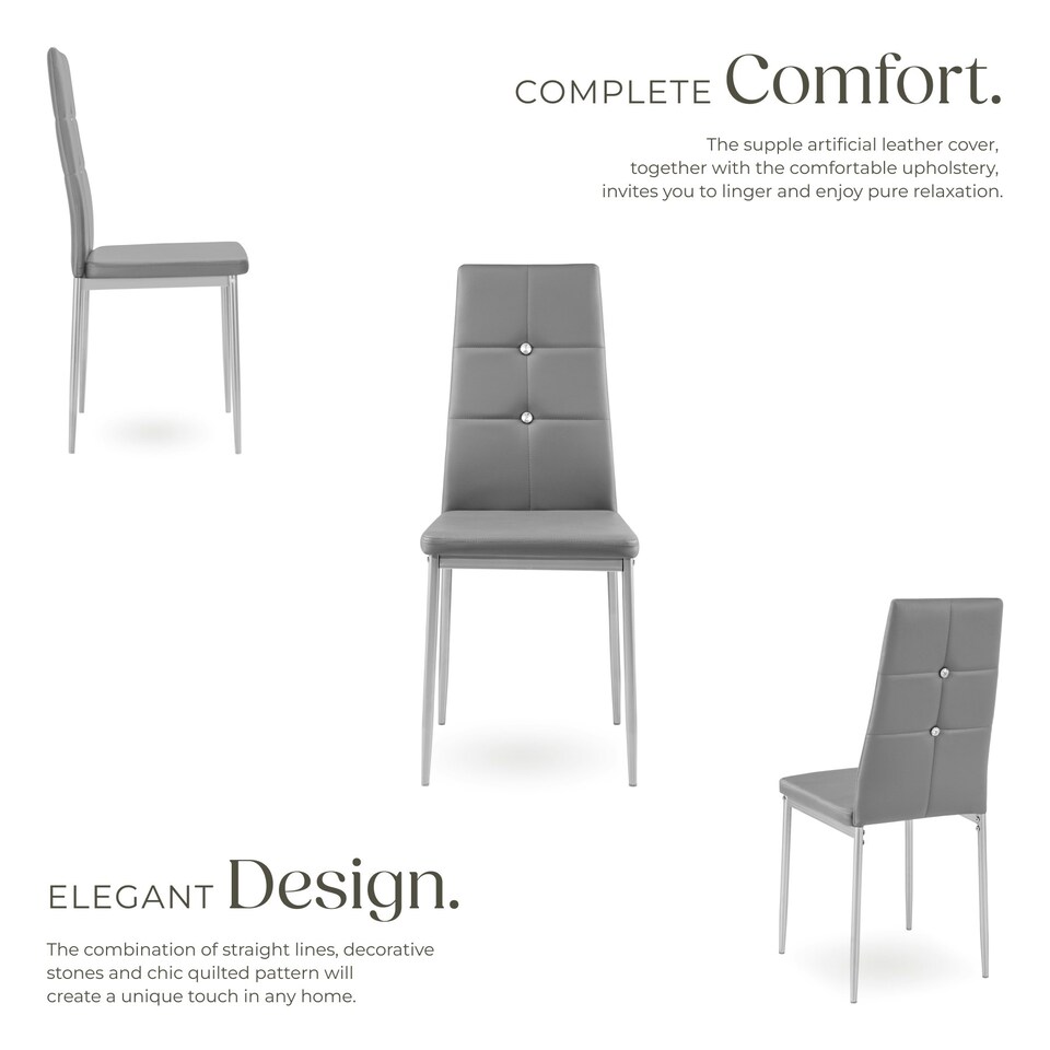image 1 of Dining Chair Set - high backrest, slim steel legs & rhinestone highlights - Set of 8 Grey
