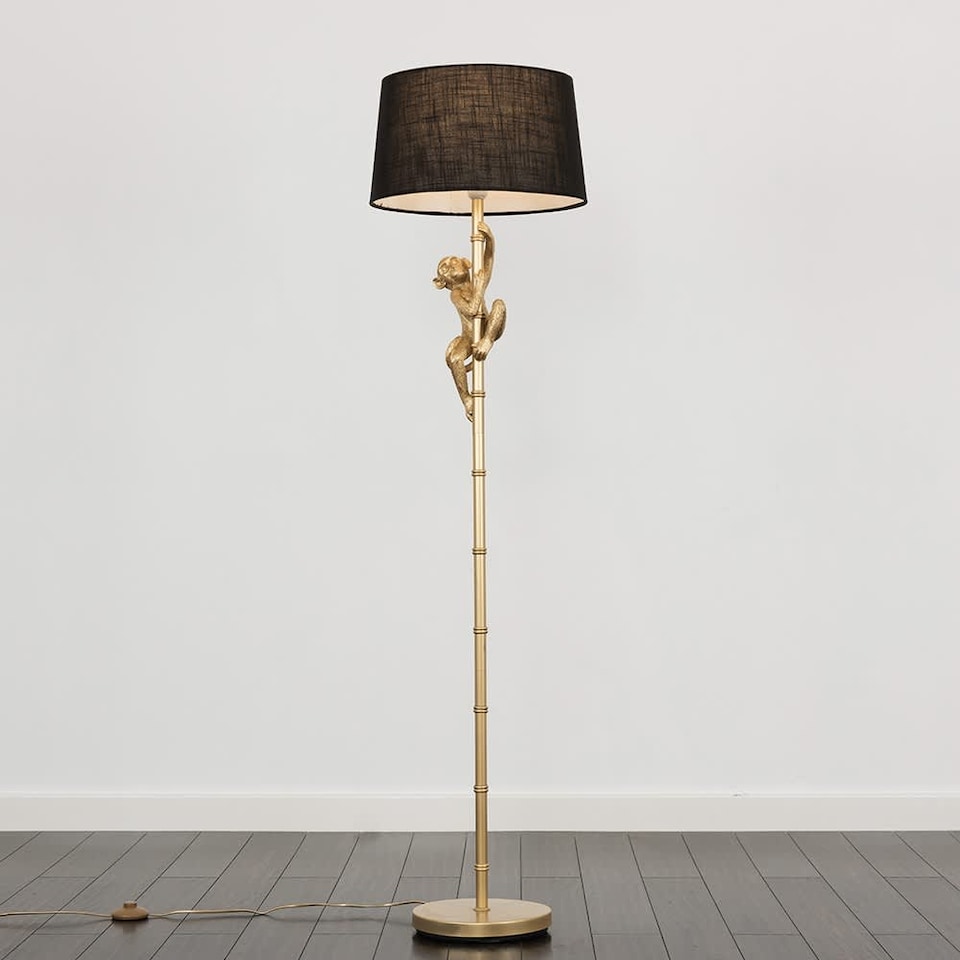 image 1 of ValueLights George Monkey Gold Floor Lamp Black Shade & Bulb | Black