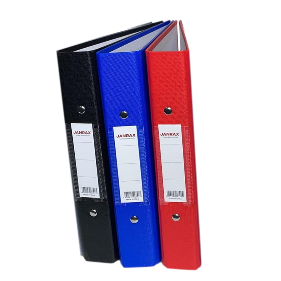 image 1 of Pack of 3 Janrax A5 Paper Over Board Ring Binders – 2 O-Ring Mechanism, 35mm Spine, Spine Label – Black, Blue, Red