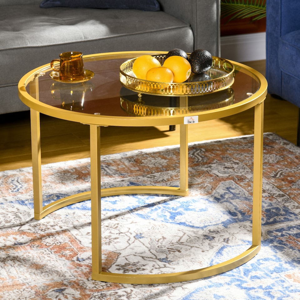 image 1 of HOMCOM Coffee Table Set of 2, Modern Nest of Tables with Tempered Glass Top, Steel Frame for Living Room, Gold Tone | Gold