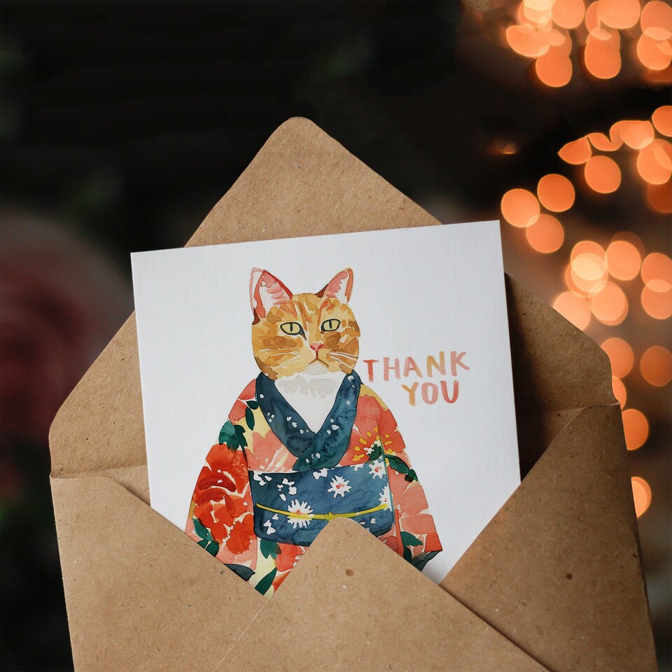 image 1 of Orange Tabby Floral Kimono Cat Lover Watercolour Thank You Card