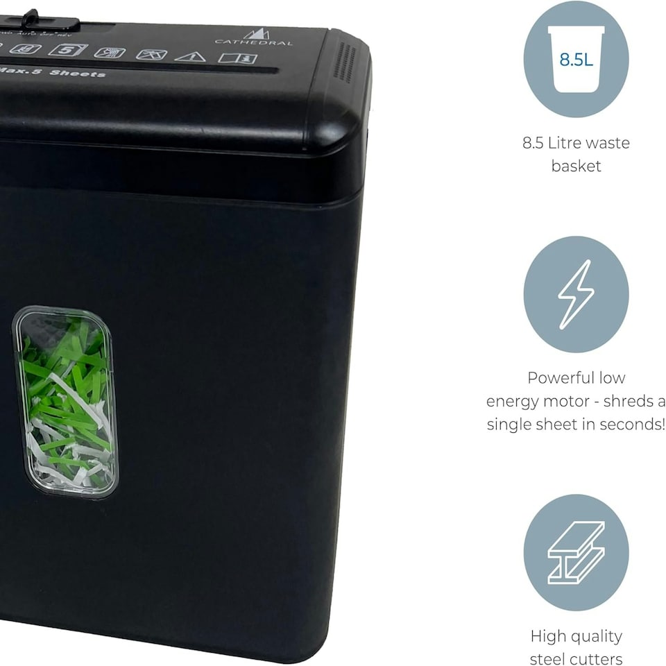 image 1 of Cathedral Cross Cut Paper Shredder Black – 5 Sheet Capacity, 8.5 L Bin, Home & Office Use
