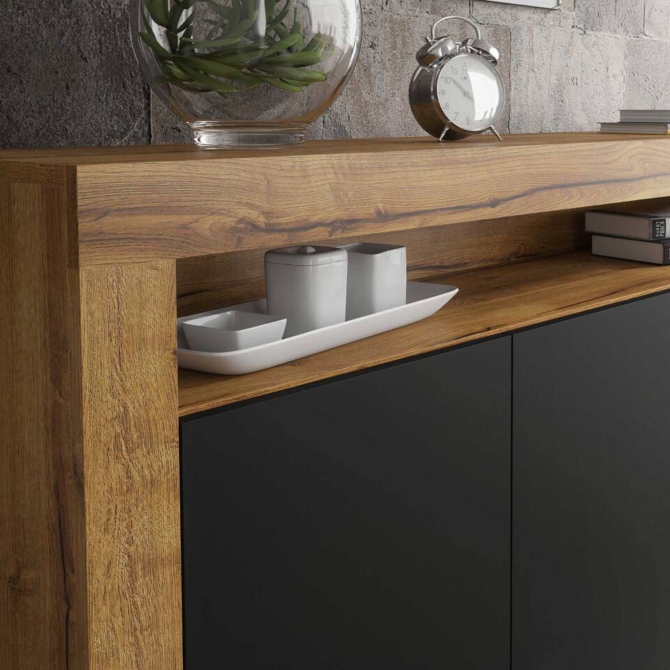 image 1 of Sideboard TV Unit TV Stand Oak Black Storage Cabinet Media Console Cupboard 155cm