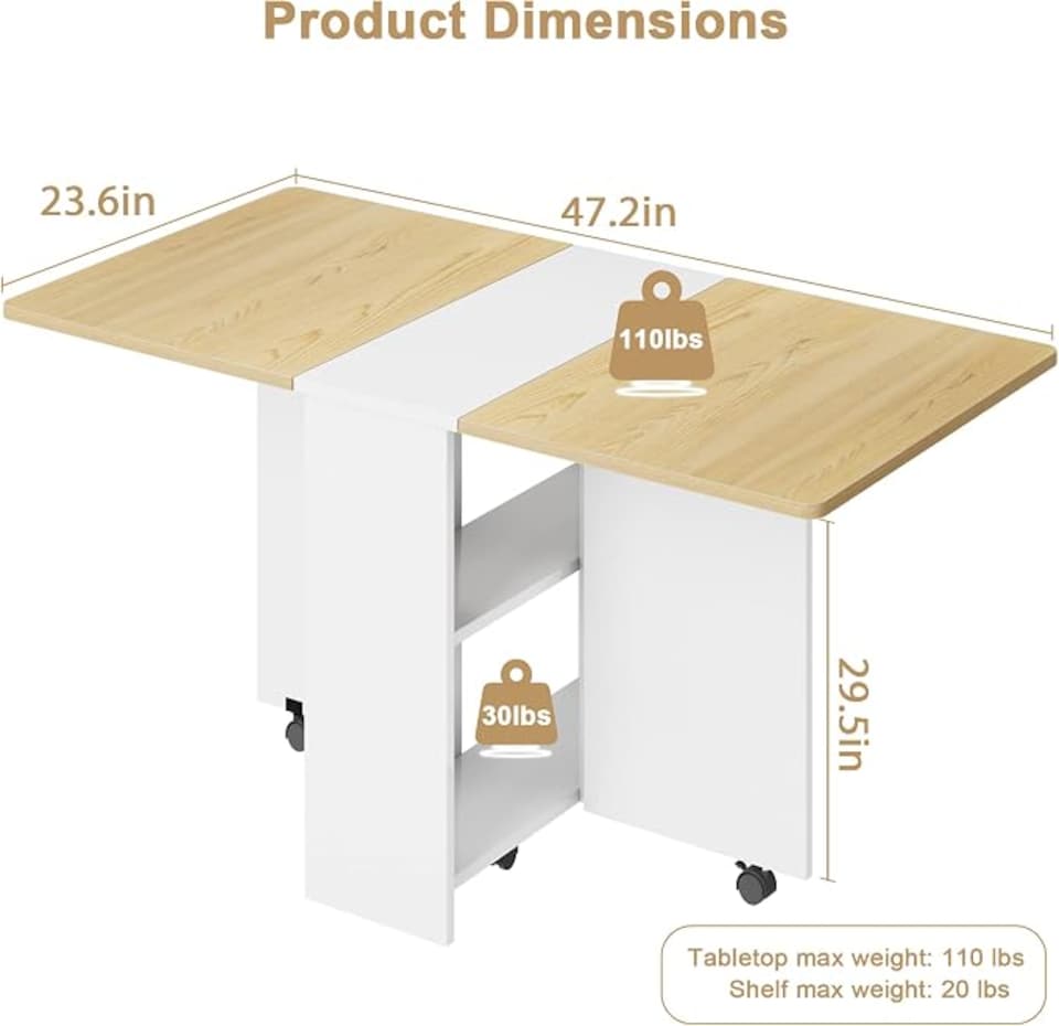 image 1 of London Boutique Natural Wood Drop Leaf Folding Dining Table, Mobile Kitchen Island with Lockable Wheels & Storage Shelves
