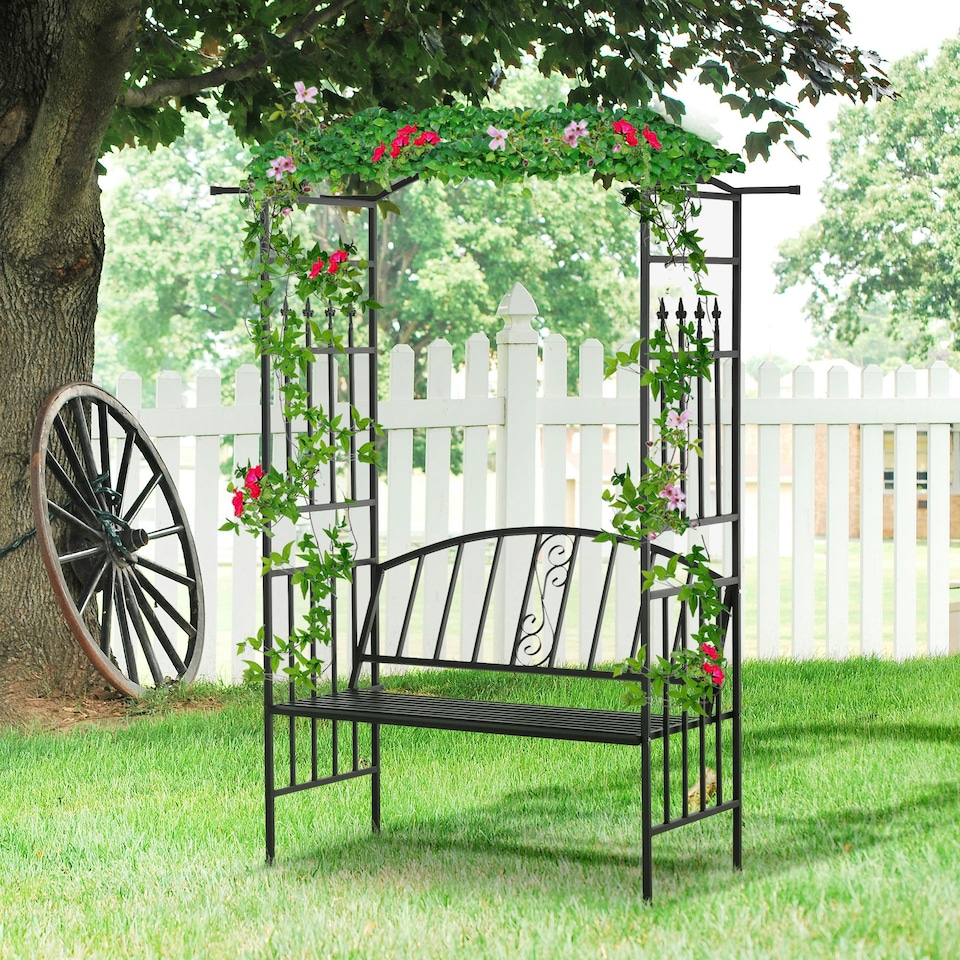 image 1 of Outsunny Garden Arbor Arch Metal Bench Loveseat Outdoor Decoration Patio