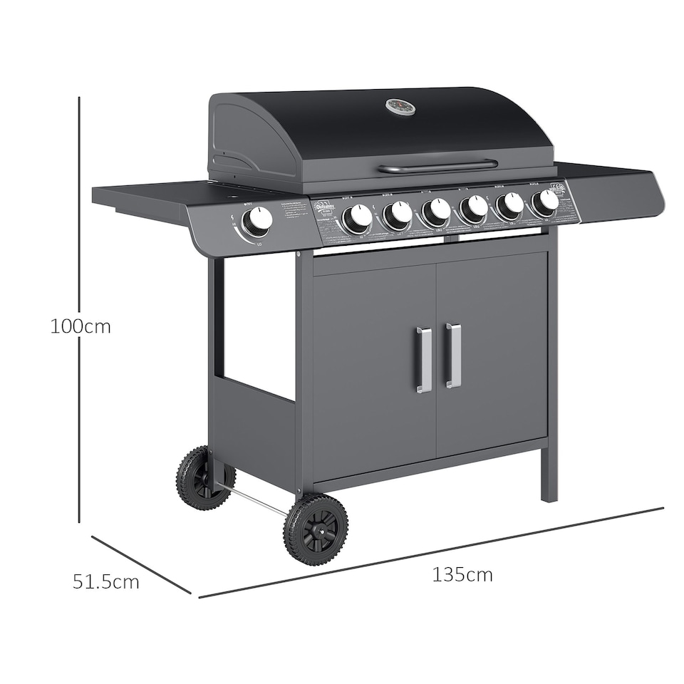 image 1 of Outsunny 6+1 Burner Gas BBQ Grill Garden Barbecue with Wheels, Cabinet Grey