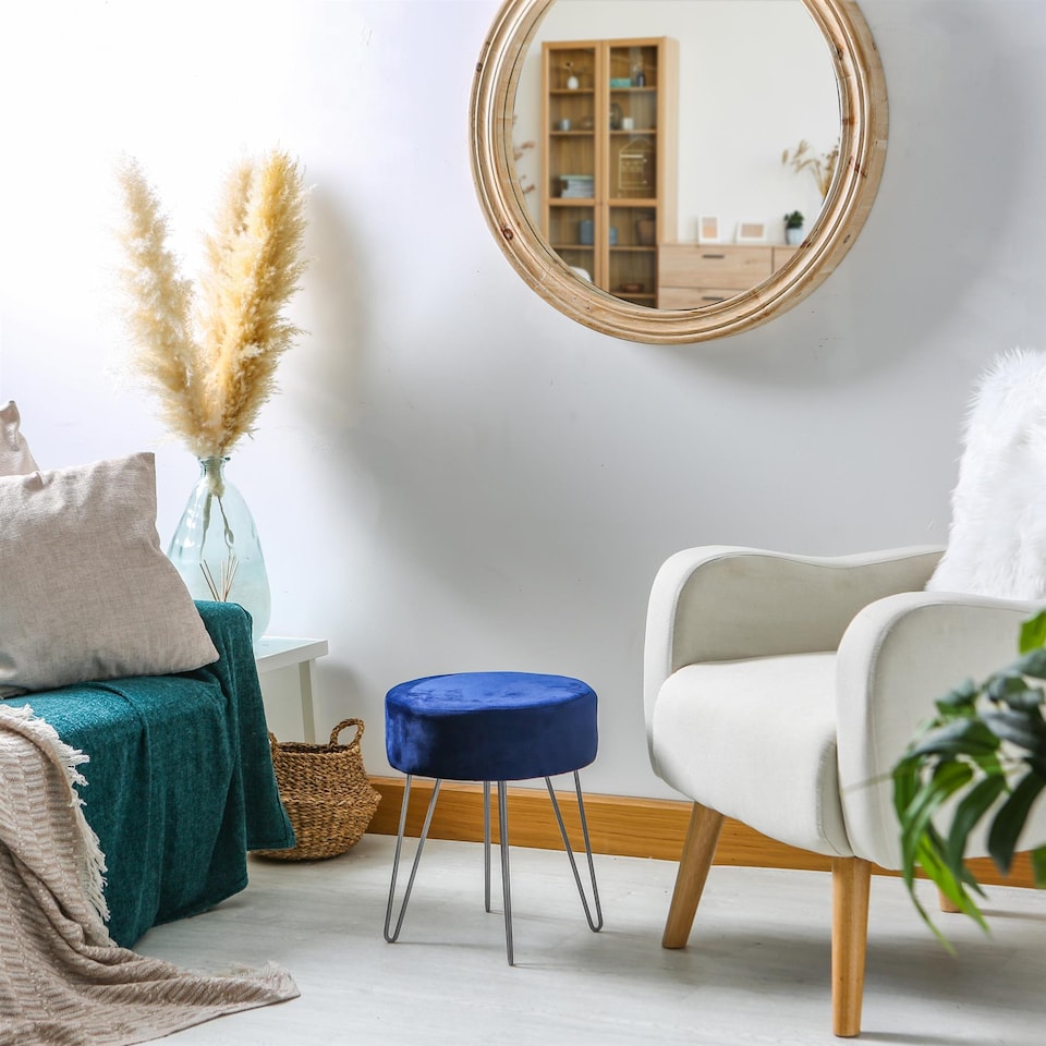 image 1 of Harbour Housewares 2x Velvet Footstools - Round Modern Dressing Table Footstool Vanity Seat Chairs - 40 x 35cm - Blue/Silver | Blue | Blue/Silver | Pack of 2 | 2