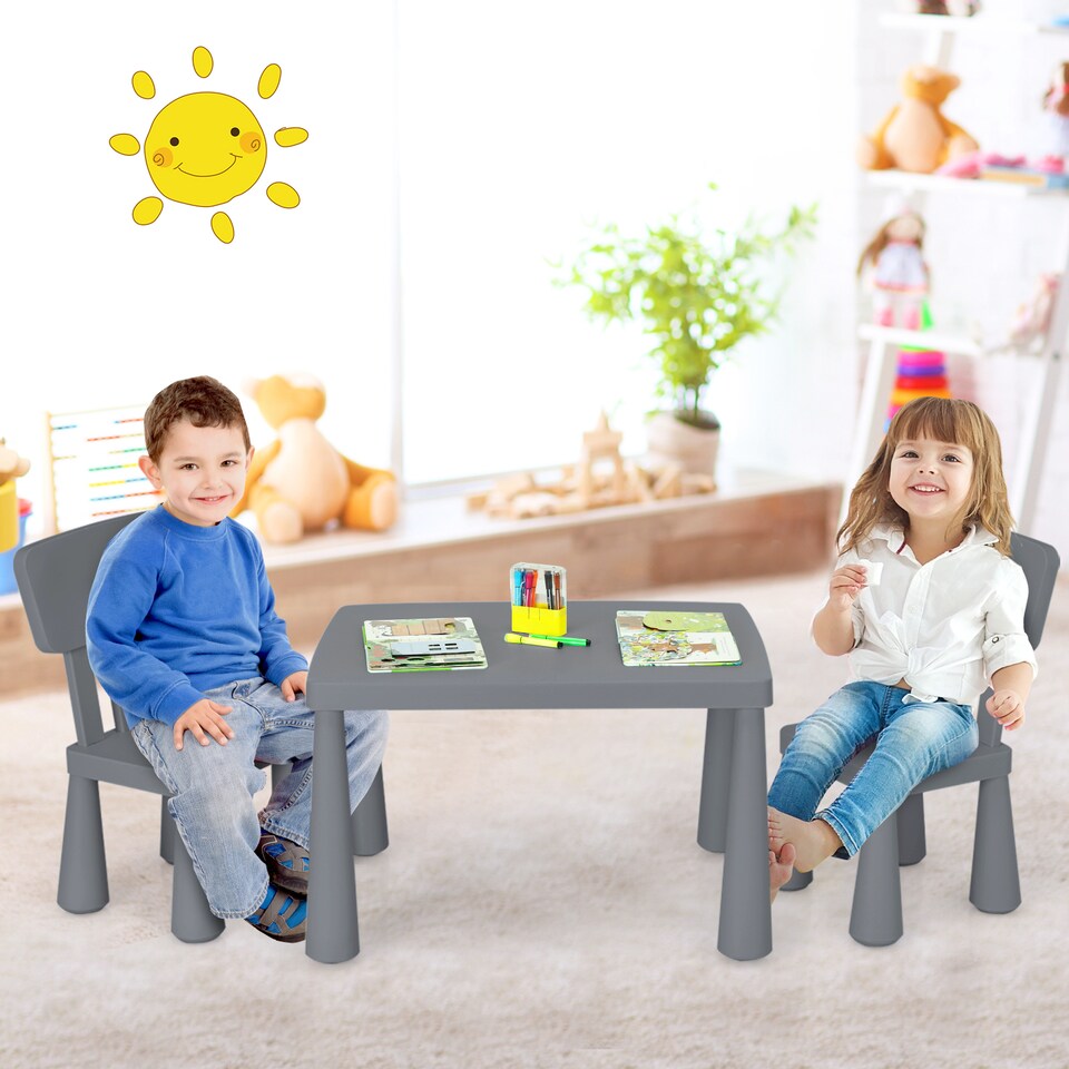 image 1 of COSTWAY Kids Table and 2 Chairs Set Children Play Table Grey