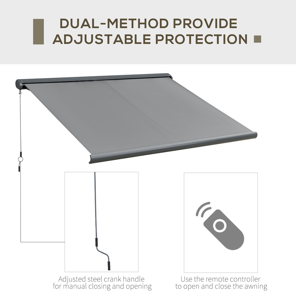 image 1 of Outsunny 3x2.5m LED Light Full Cassette Case Electric/Manual Awning Door Window Sun Shade Patio Canopy Retractable w/ Remote Grey