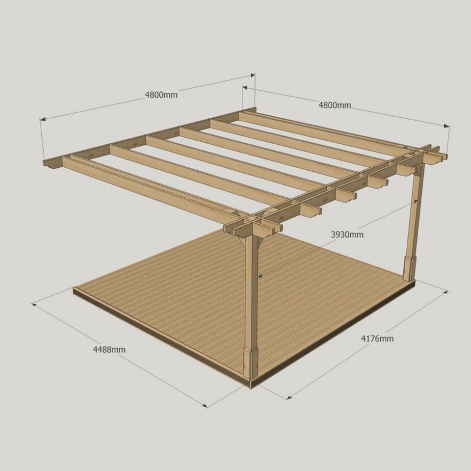 image 1 of Wall Mounted Double Premium Pergola and Decking Kit - Wood - L480 x W480 x H270 cm - Rustic Brown