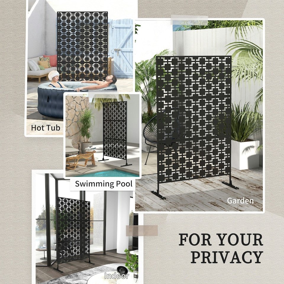image 1 of Outsunny 6.5FT Metal Outdoor Privacy Screen Panel w/ Stand, Grid Style