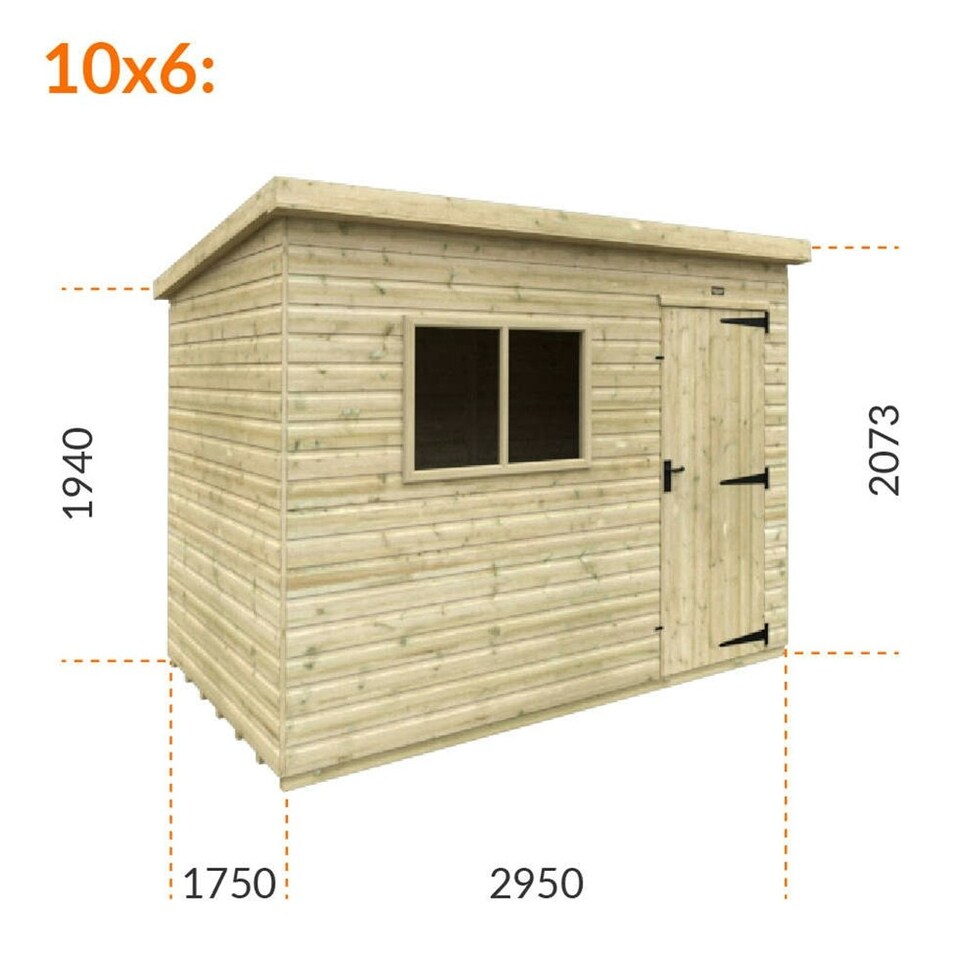 image 1 of 10ft x 6ft (2950mm x 1750mm) Horsforth Elite Pressure Treated Shiplap Pent Shed with 2 Windows