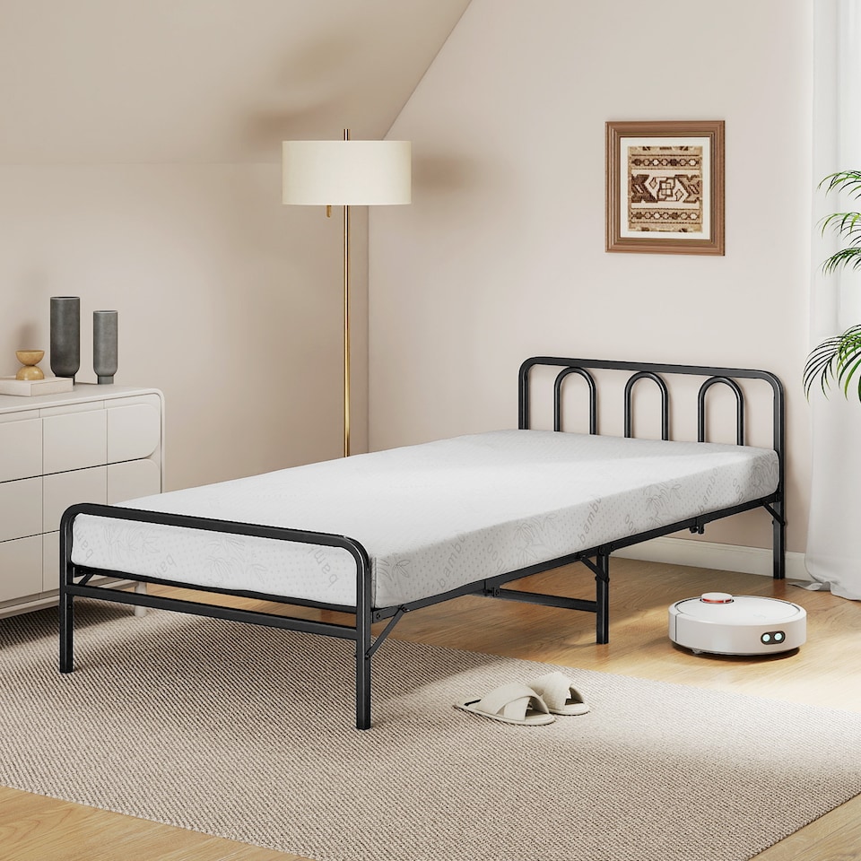 image 1 of COSTWAY Foldable Bed Frame Portable Folding Bed with Headboard   Footboard Black